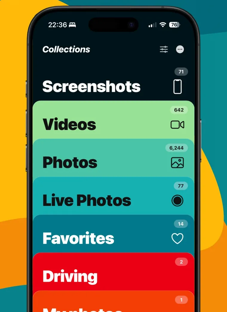 Collections screen with screenshots, videos and Live Photos