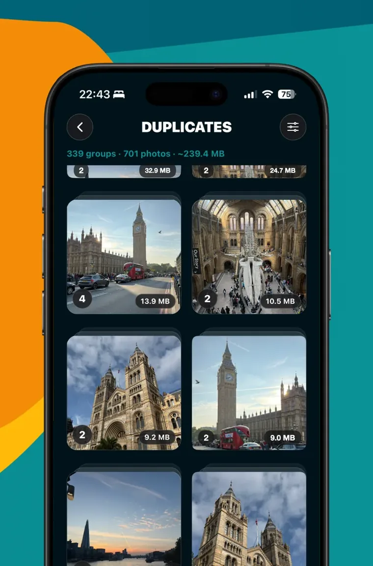 Duplicates screen showing 339 groups and 239 MB of repeated photos