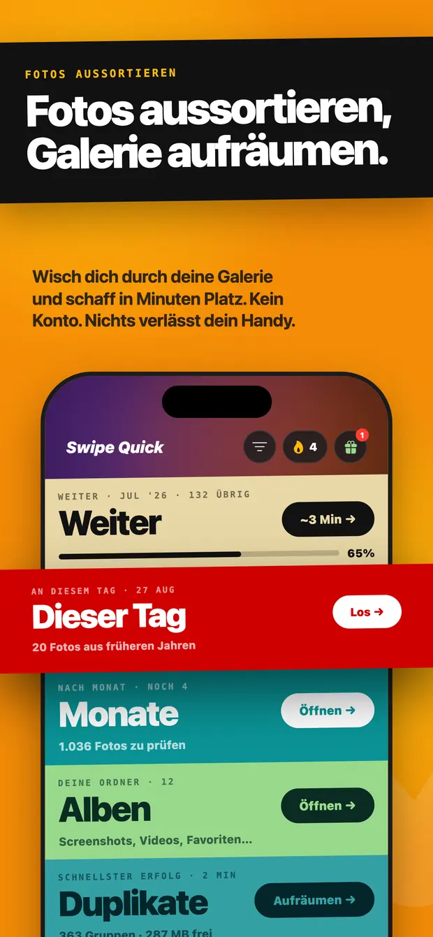 Swipe Quick Startbildschirm mit den Bändern Weiter, Dieser Tag, Monate, Alben und Duplikate