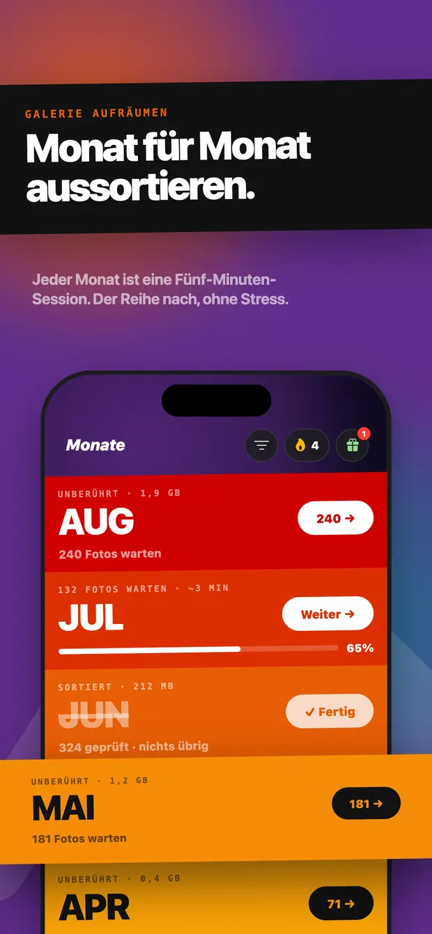 Monatsansicht: August unberührt, Juli zu 65% in Arbeit, Juni fertig