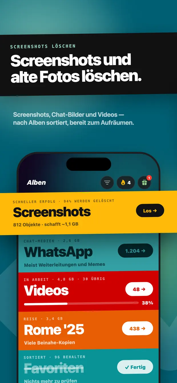 Albenansicht mit Screenshots, WhatsApp, Videos und weiteren Ordnern