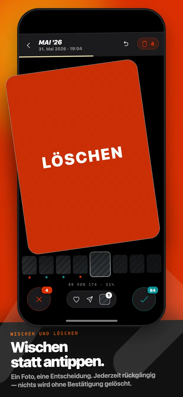 Eine Fotokarte, rot eingefärbt mit LÖSCHEN-Overlay während des Wischens nach links