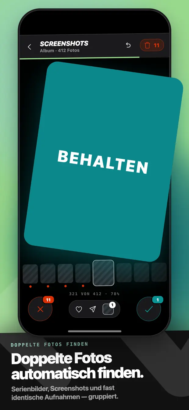 Eine Fotokarte, türkis eingefärbt mit BEHALTEN-Overlay während des Wischens nach rechts