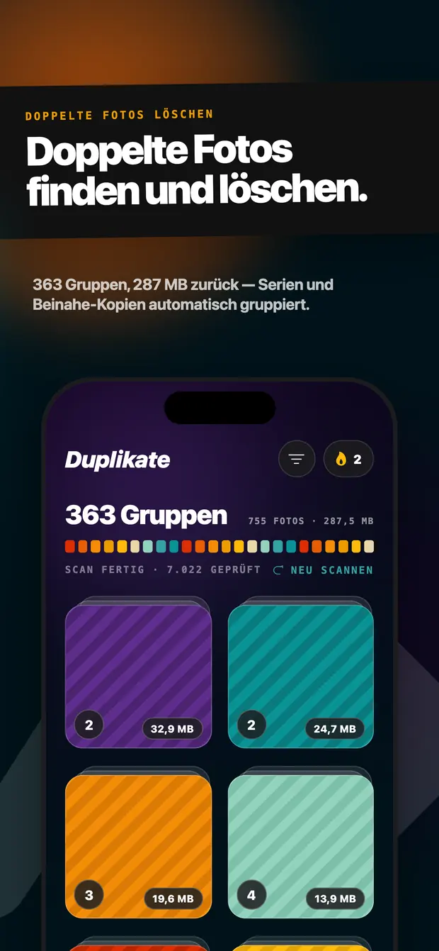 Duplikatansicht mit 363 Gruppen und 287,5 MB doppelten Fotos
