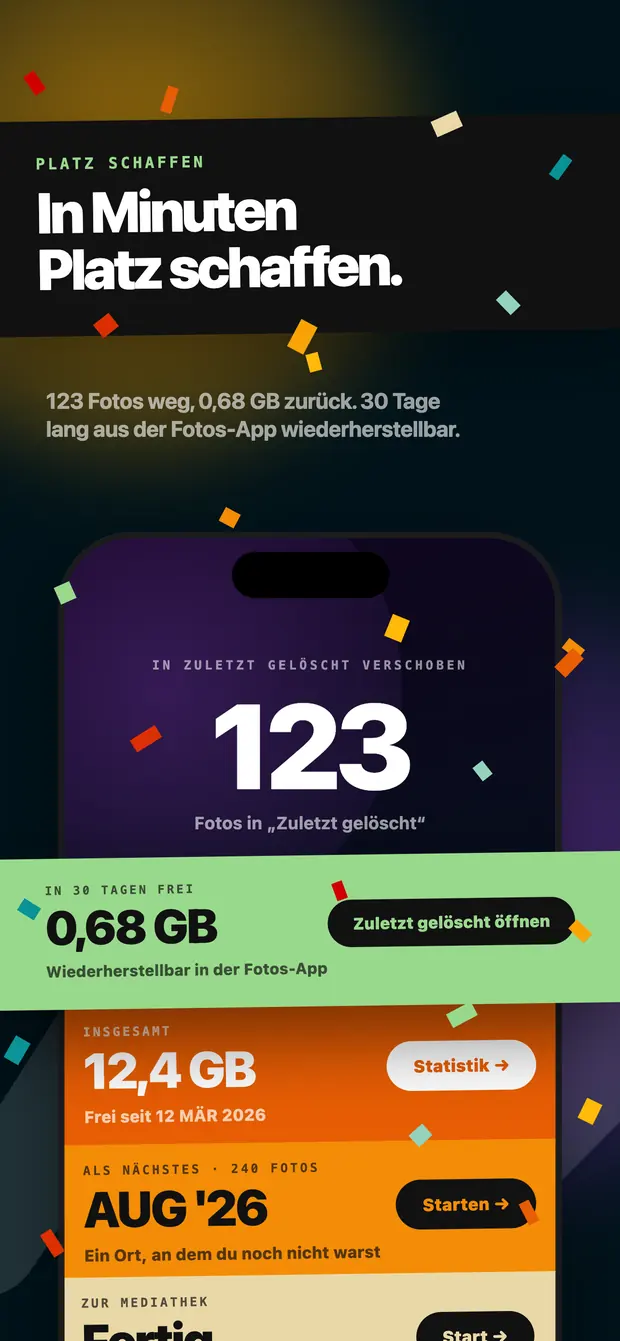 Ergebnisbildschirm: 123 Fotos nach Zuletzt gelöscht verschoben, 0,68 GB werden frei