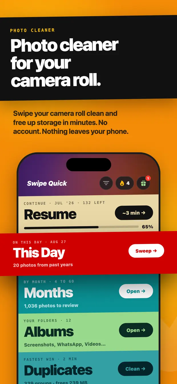 Swipe Quick home screen with Resume, This Day, Months, Albums and Duplicates bands