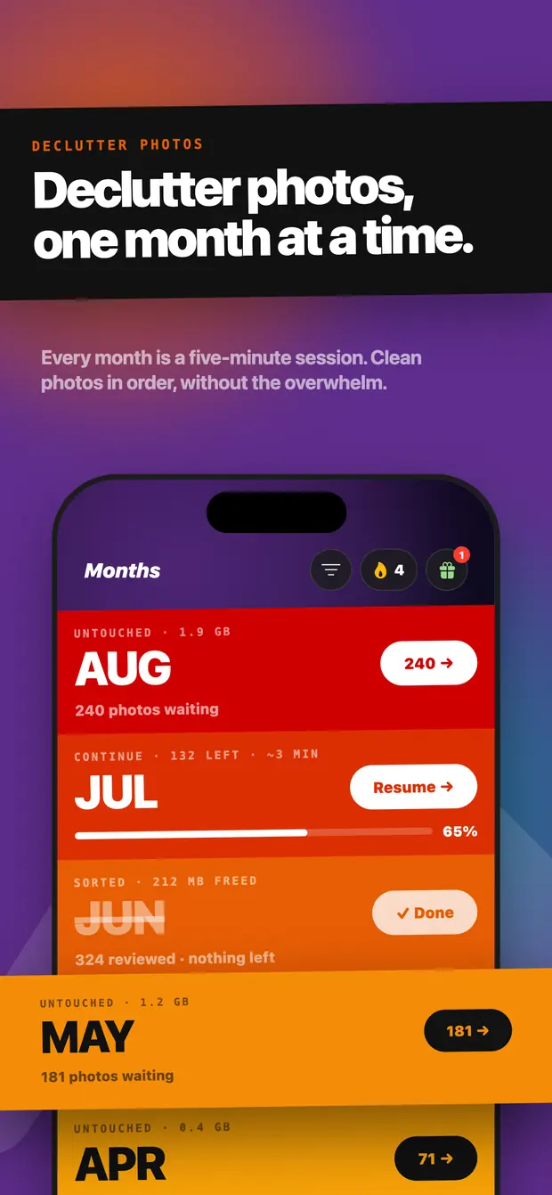 Months screen with August untouched, July in progress at 65% and June sorted