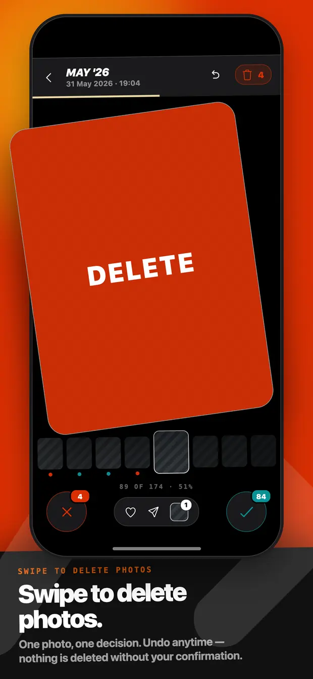A photo card tinted red with the DELETE overlay during a left swipe