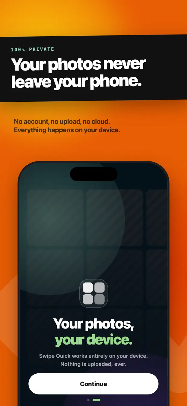 The photo access screen explaining that photos are processed on the device