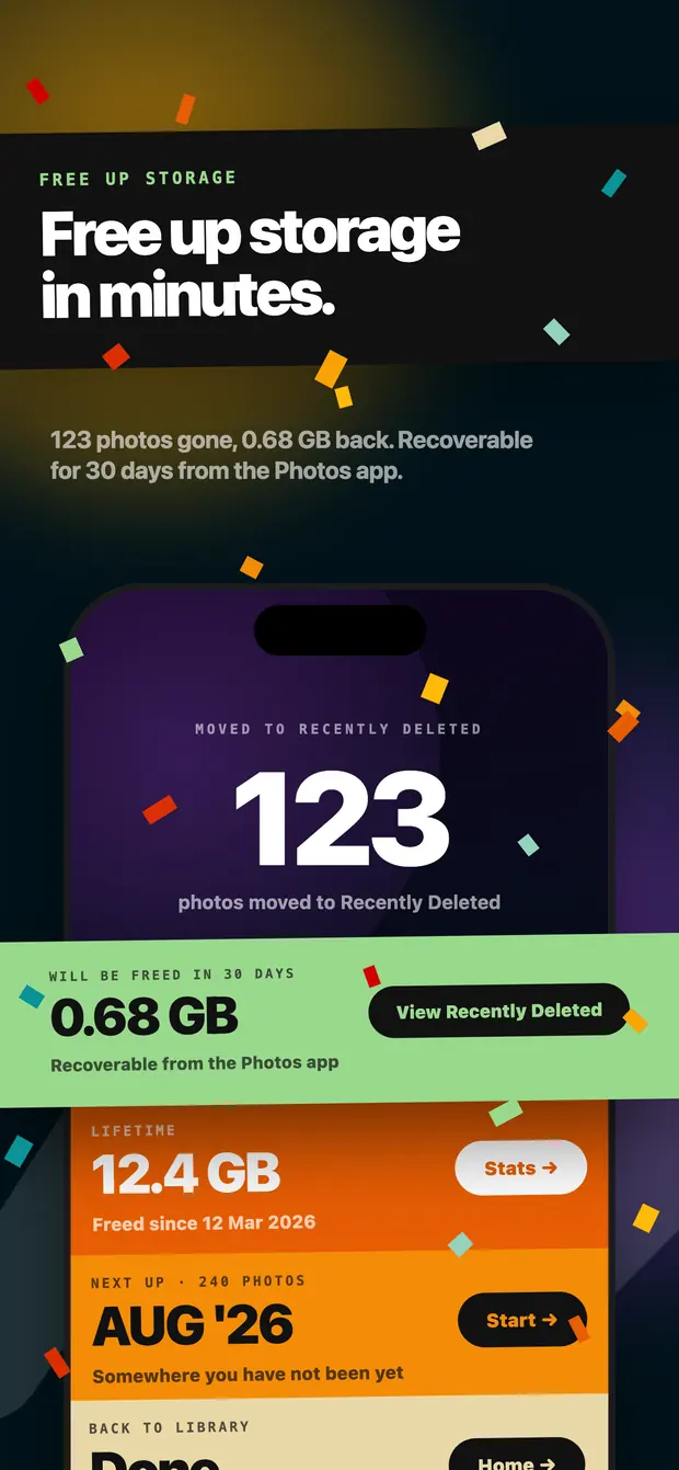 Result screen showing 123 photos moved to Recently Deleted and 0.68 GB to be freed