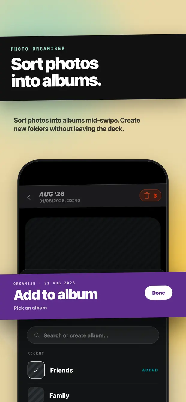 The Add to album sheet open over a swipe session