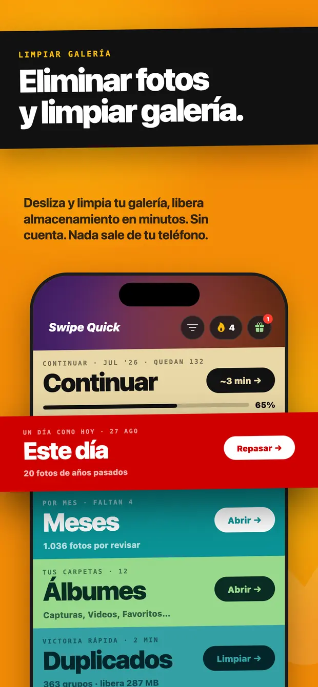 Pantalla de inicio de Swipe Quick con las franjas Continuar, Este día, Meses, Álbumes y Duplicados