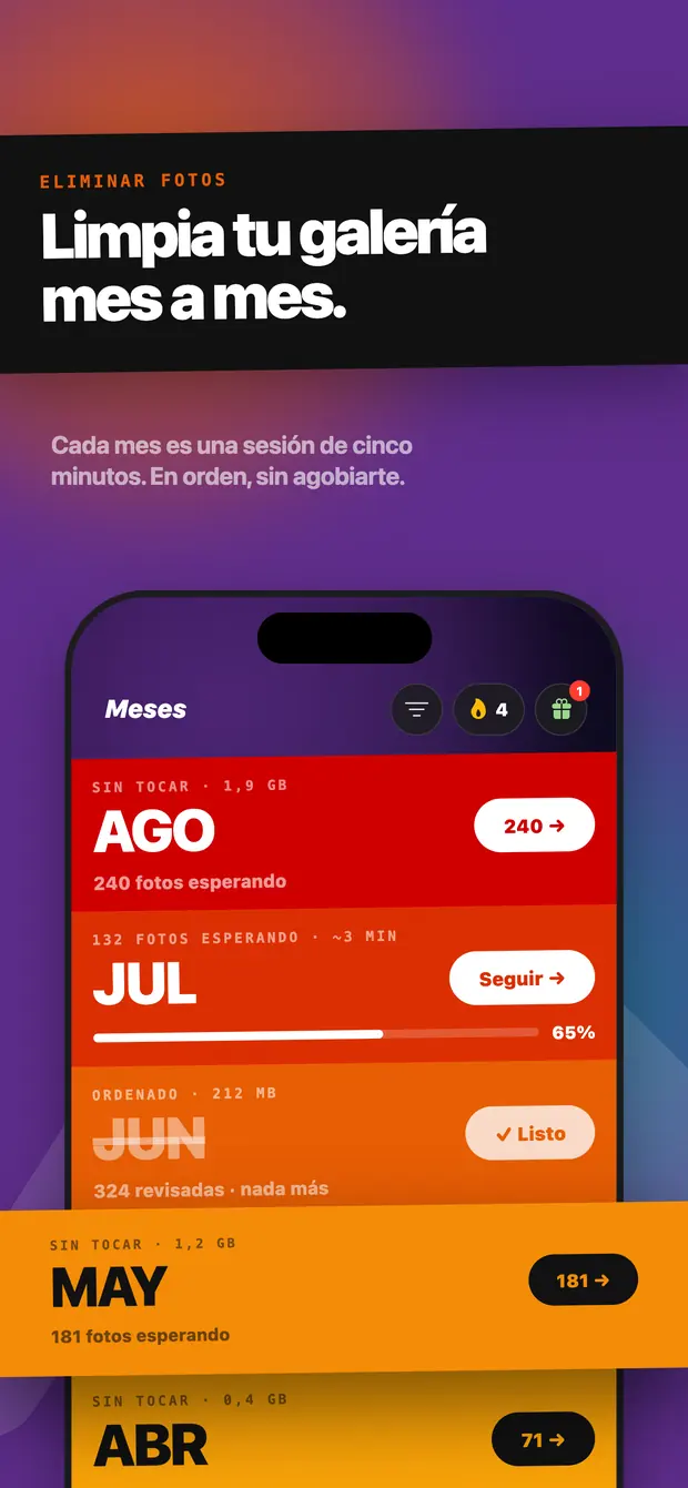 Pantalla de meses: agosto sin tocar, julio al 65 % y junio terminado