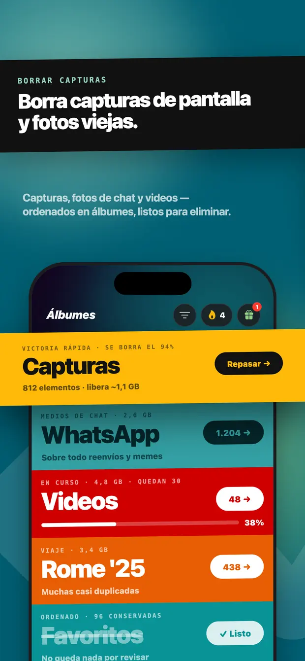 Pantalla de álbumes con Capturas, WhatsApp, Vídeos y otras carpetas