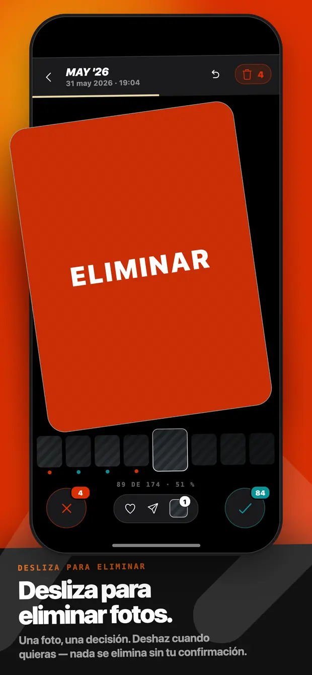 Una tarjeta de foto teñida de rojo con el rótulo ELIMINAR durante un deslizamiento a la izquierda