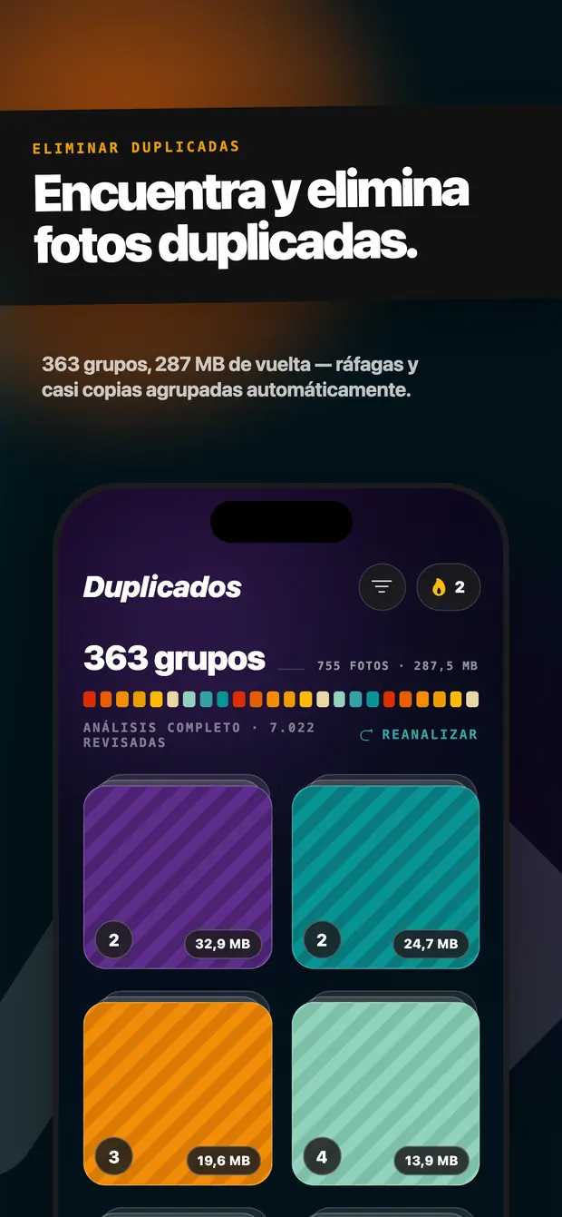 Pantalla de duplicados con 363 grupos y 287,5 MB de fotos repetidas