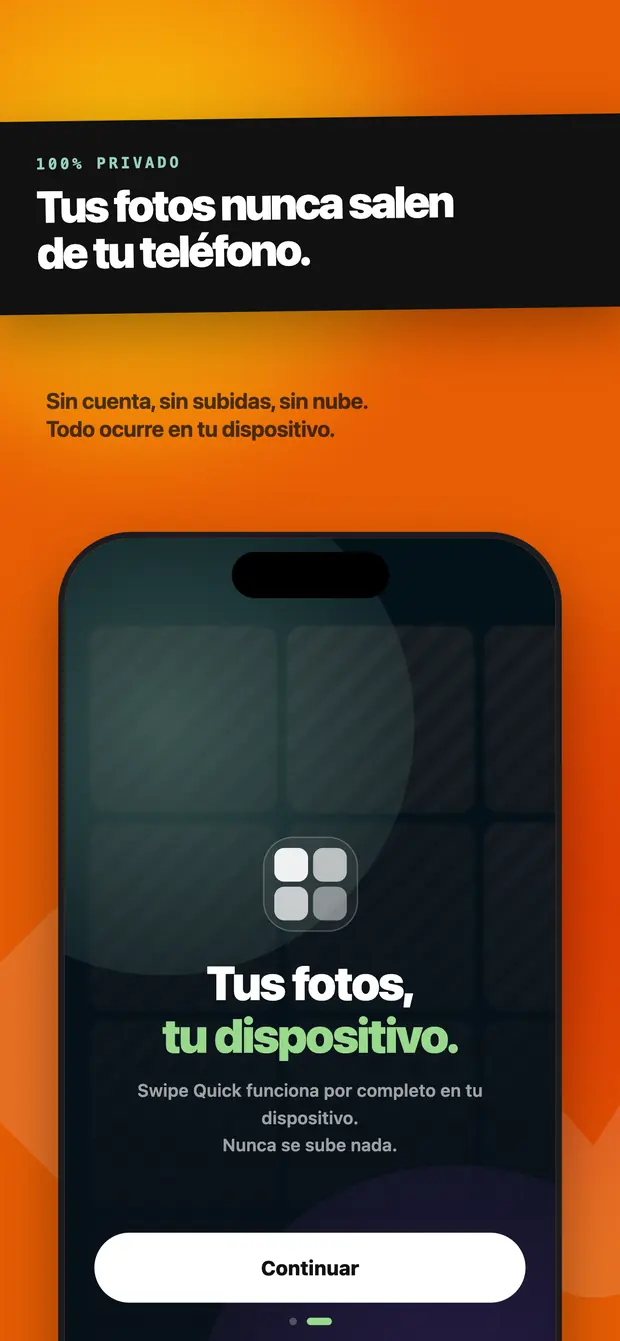 La pantalla de acceso a fotos explicando que las fotos se procesan en el dispositivo