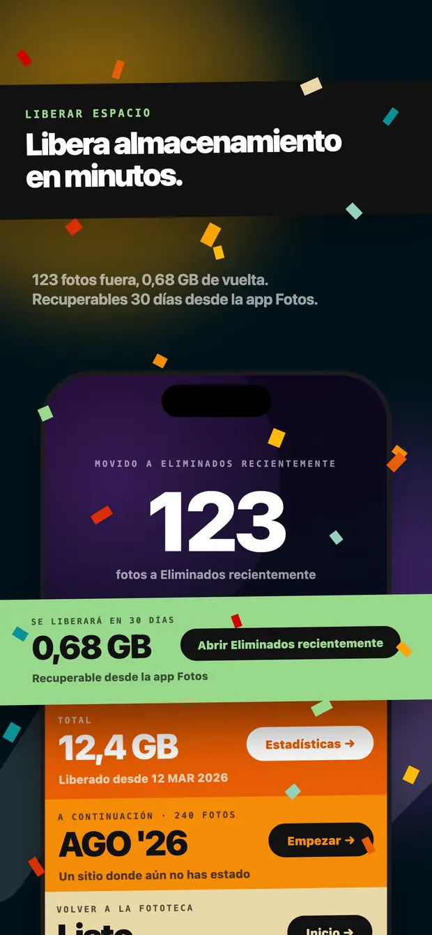Pantalla de resultado: 123 fotos movidas a Eliminados recientemente y 0,68 GB por liberar