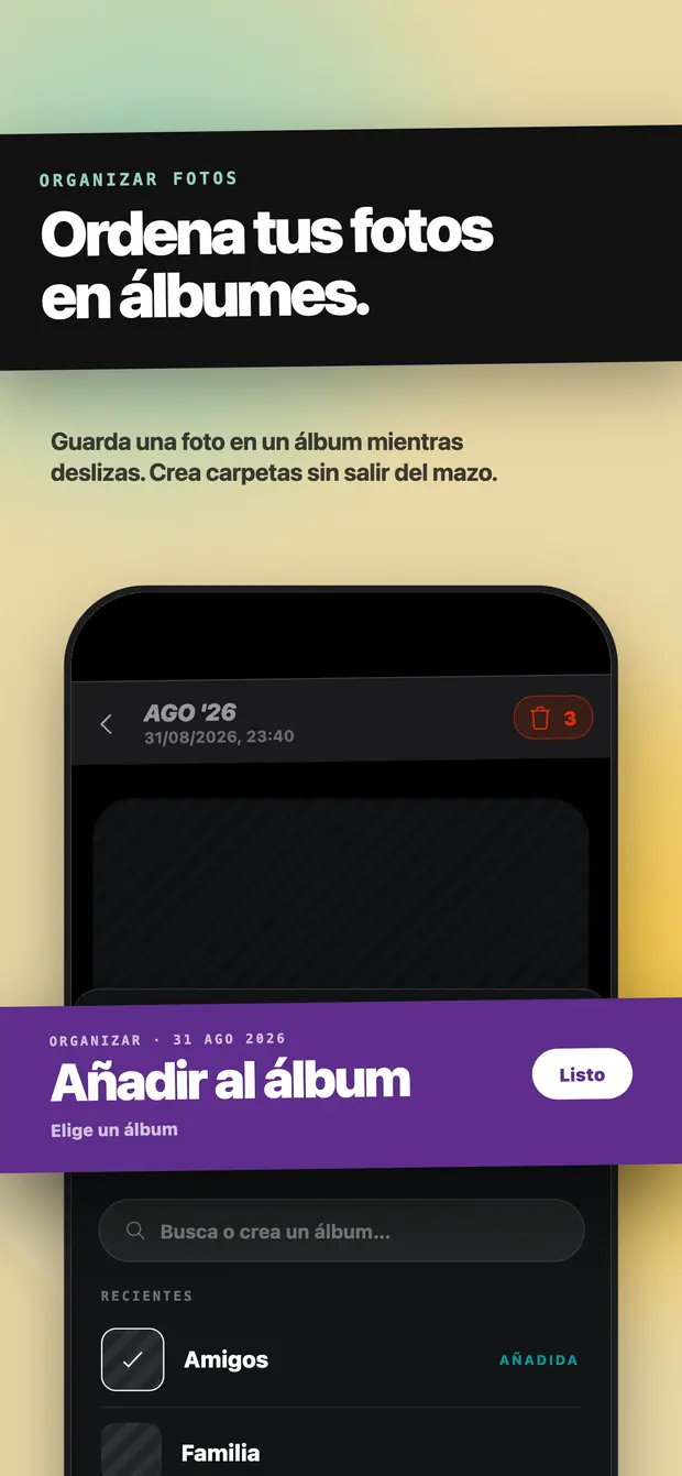 El panel Añadir a álbum abierto sobre una sesión de deslizamiento