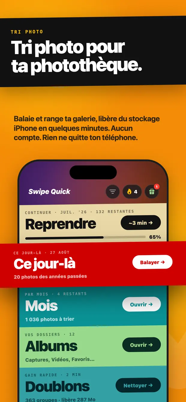 Écran d'accueil de Swipe Quick avec les bandes Reprendre, Ce jour-là, Mois, Albums et Doublons
