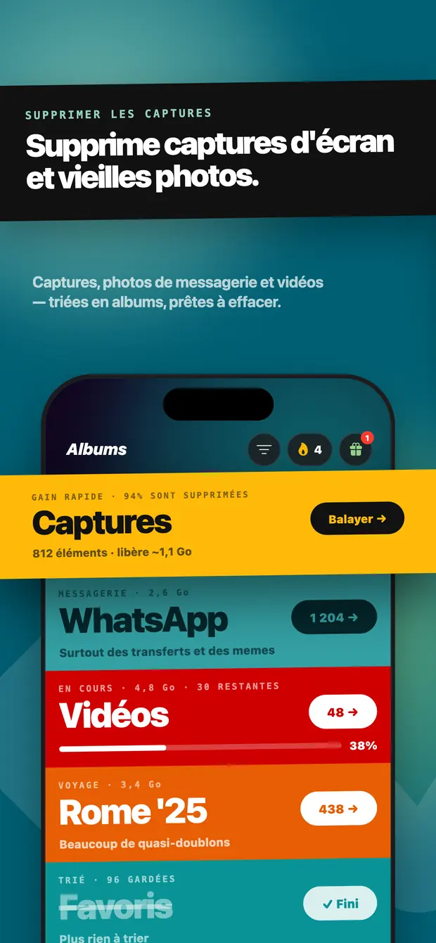 Écran Albums listant Captures, WhatsApp, Vidéos et d'autres dossiers