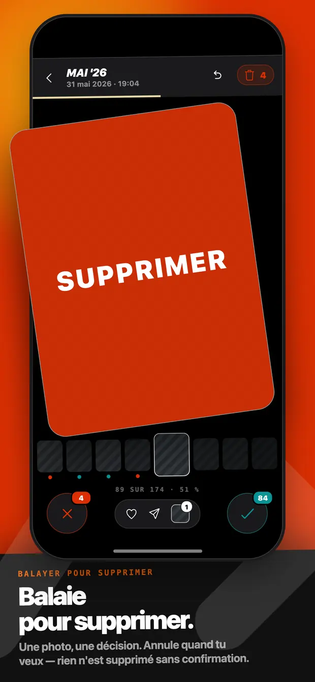 Une carte photo teintée en rouge avec la mention SUPPRIMER pendant un balayage à gauche