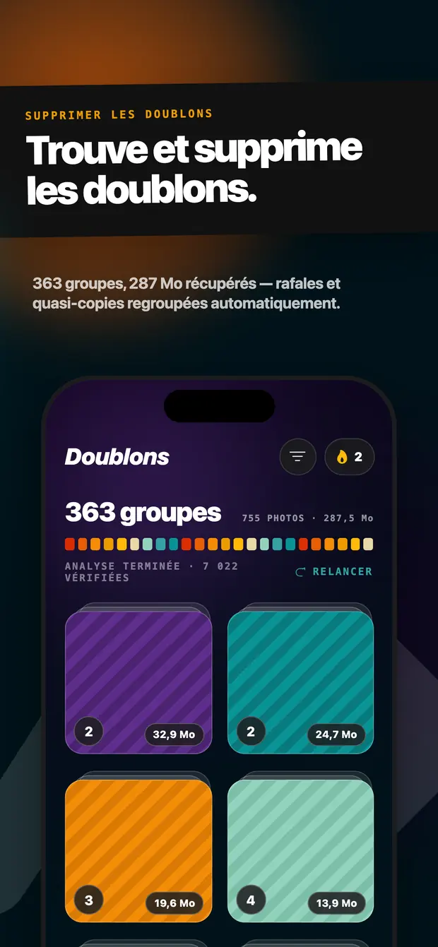 Écran Doublons affichant 363 groupes et 287,5 Mo de photos répétées