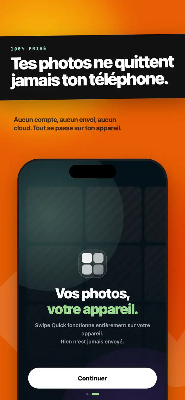 L'écran d'accès aux photos expliquant que les photos sont traitées sur l'appareil