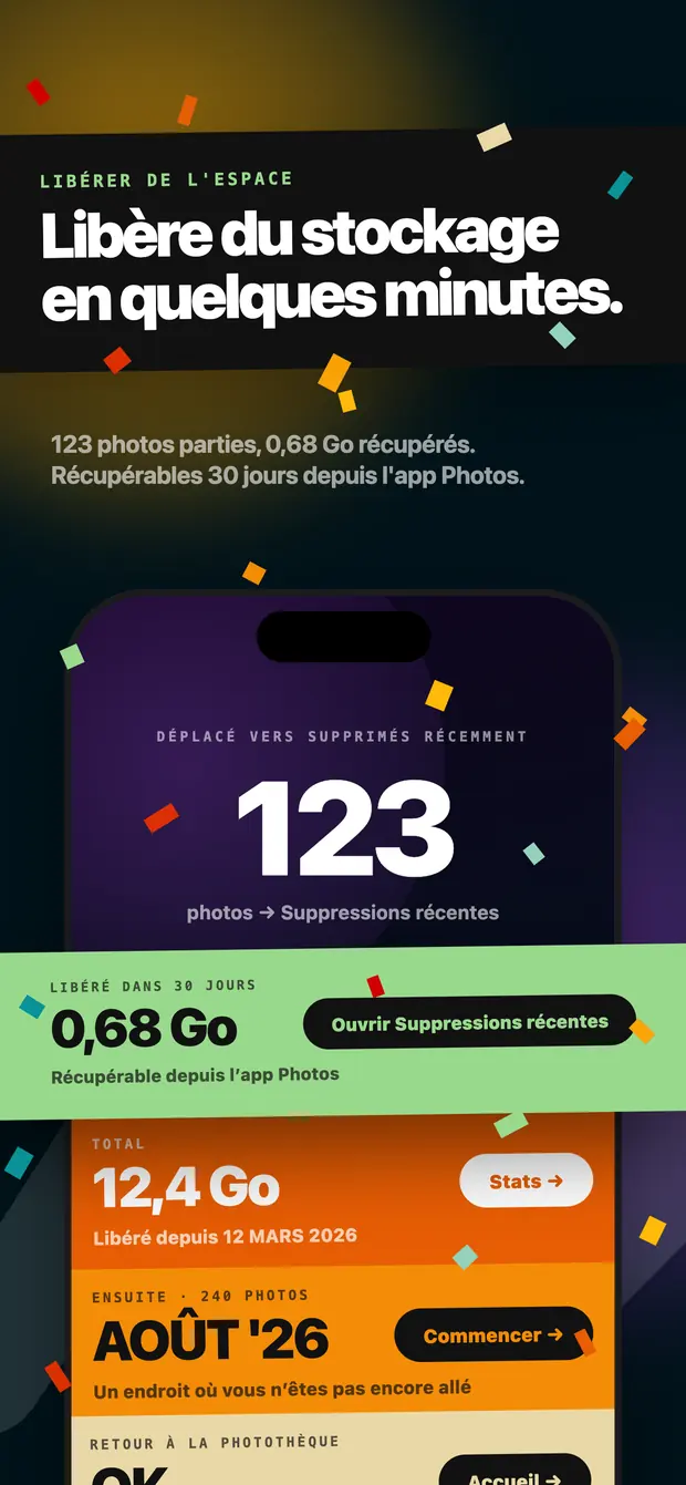 Écran de résultat : 123 photos déplacées vers Suppressions récentes et 0,68 Go à libérer