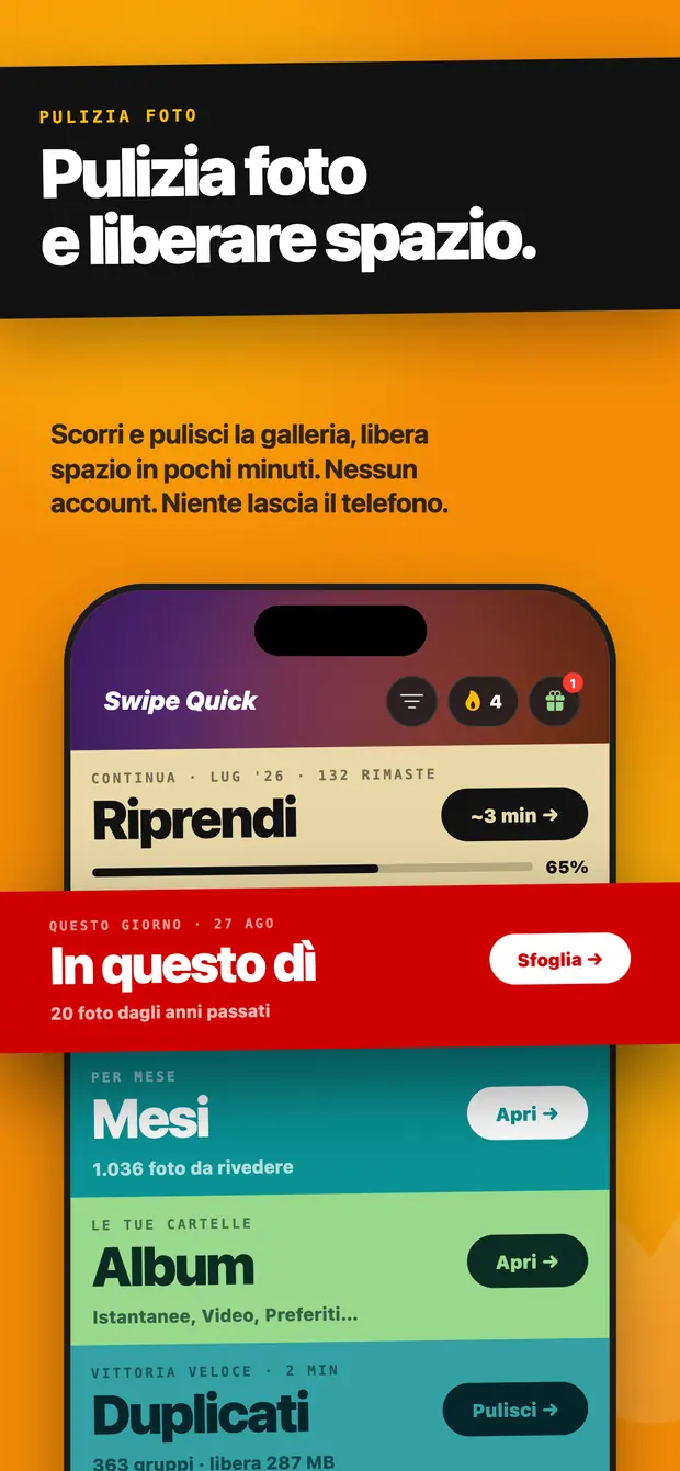 Schermata iniziale di Swipe Quick con le fasce Riprendi, In questo dì, Mesi, Album e Duplicati