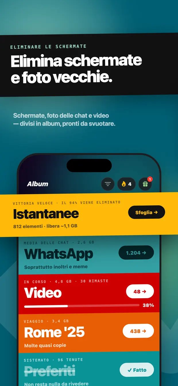 Schermata degli album con Schermate, WhatsApp, Video e altre cartelle