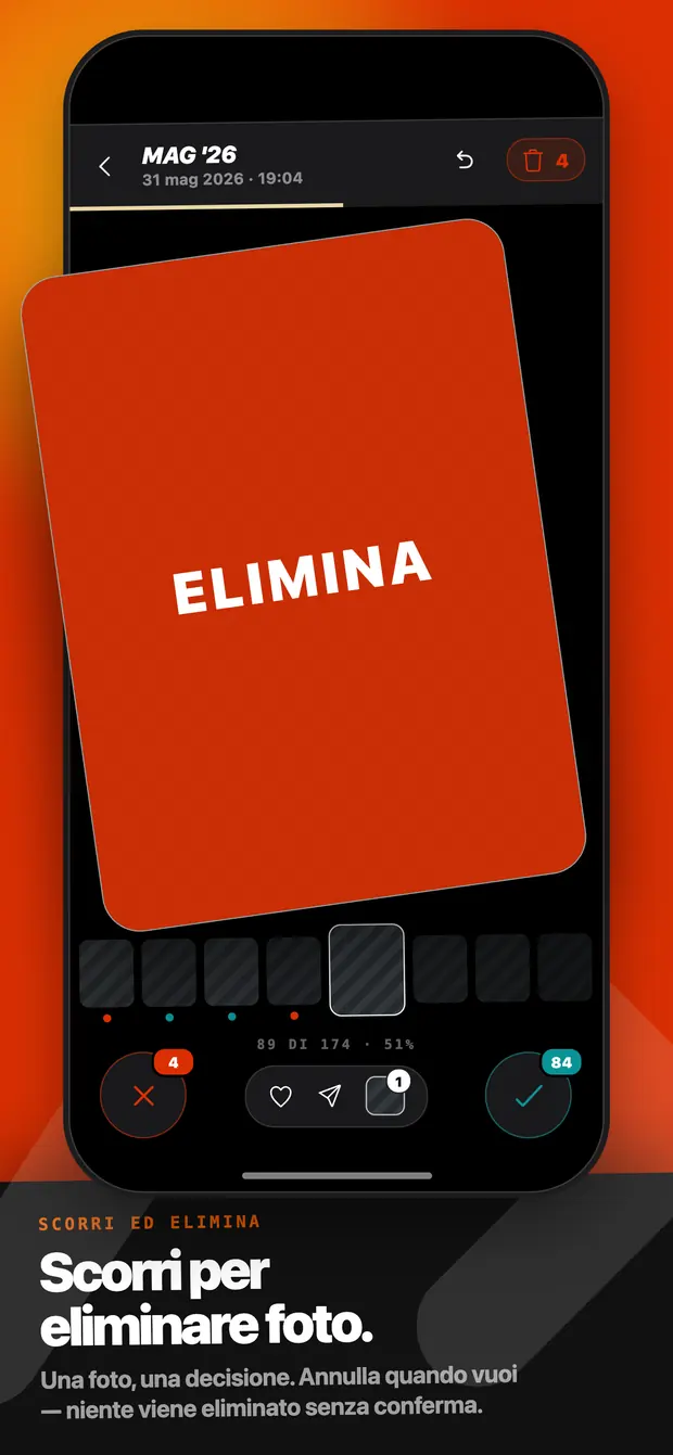 Una carta foto tinta di rosso con la scritta ELIMINA durante uno scorrimento a sinistra
