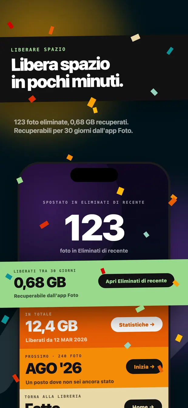 Schermata del risultato: 123 foto spostate in Eliminati di recente e 0,68 GB da liberare