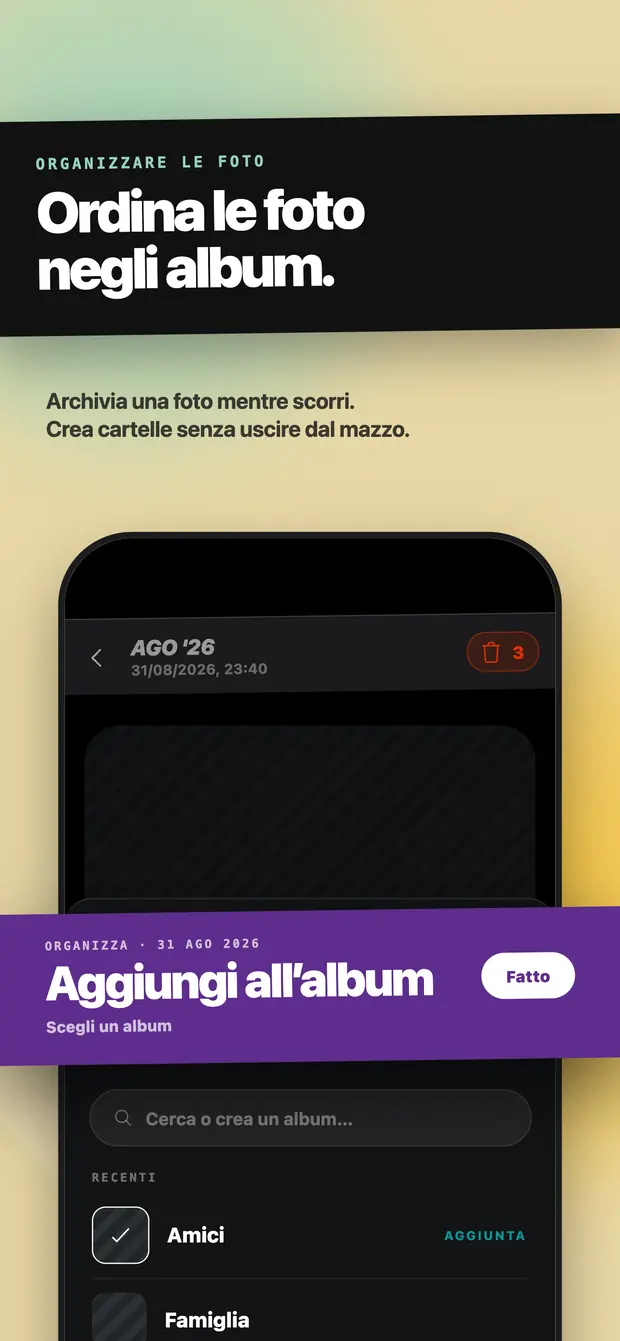 Il pannello Metti in album aperto sopra una sessione di scorrimento