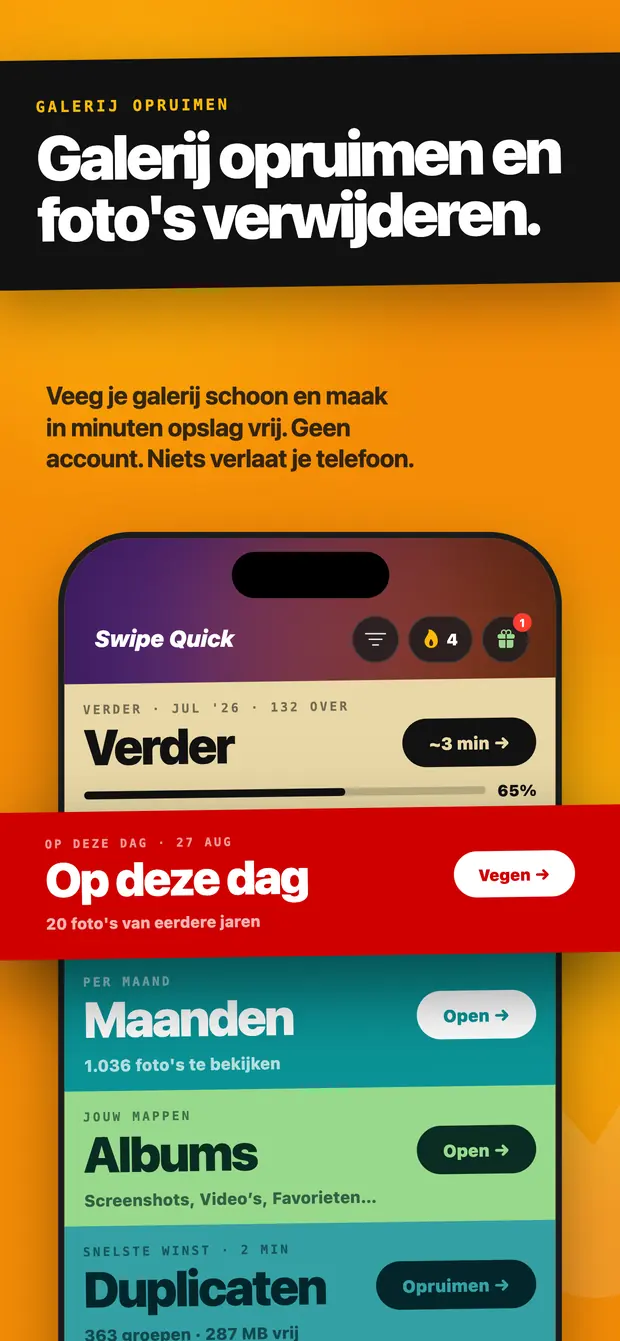 Beginscherm van Swipe Quick met de banen Verder, Op deze dag, Maanden, Albums en Duplicaten