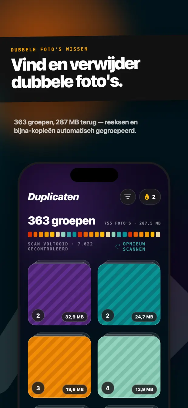 Duplicatenscherm met 363 groepen en 287,5 MB aan herhaalde foto's