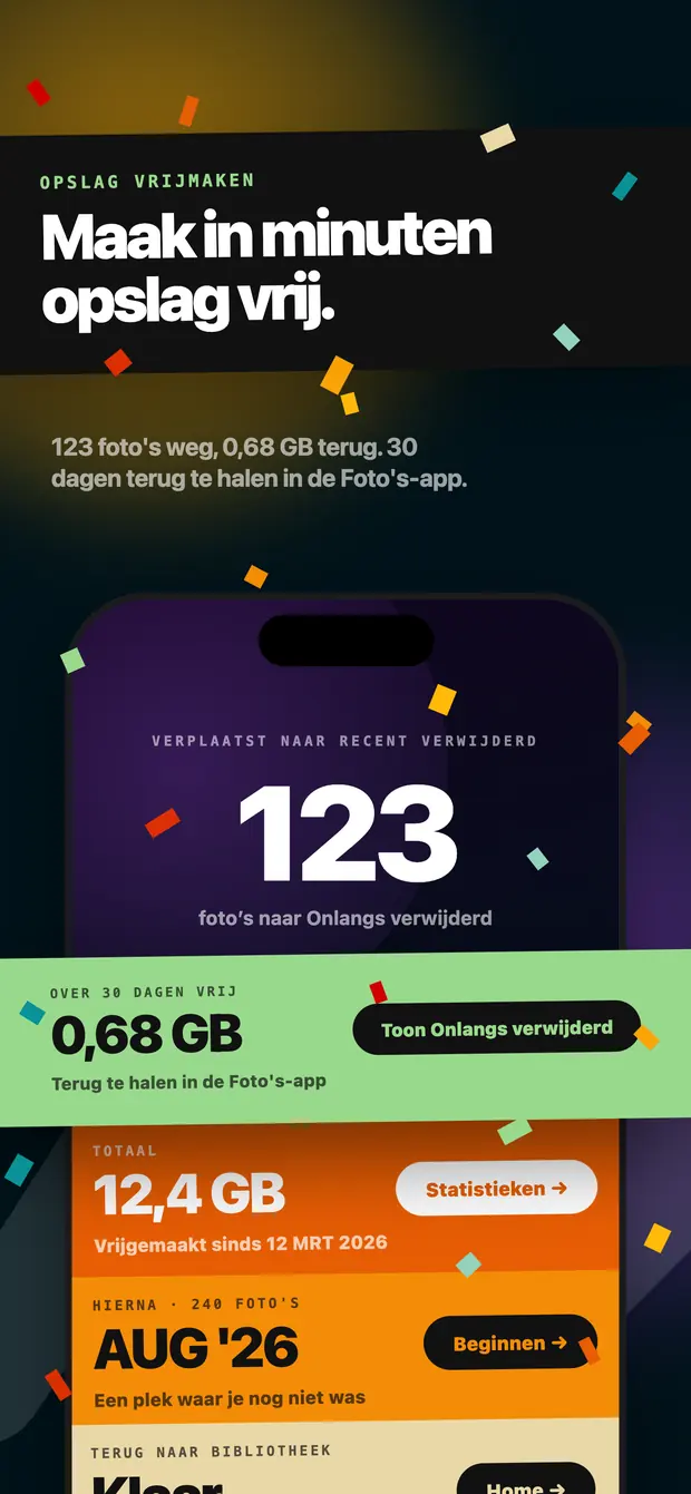 Resultaatscherm: 123 foto's verplaatst naar Onlangs verwijderd en 0,68 GB vrij te maken