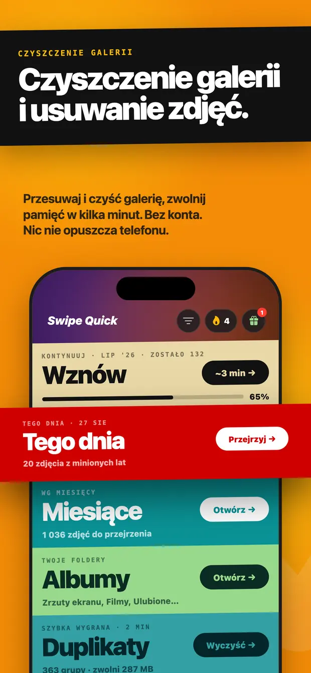 Ekran główny Swipe Quick z pasami Wznów, Tego dnia, Miesiące, Albumy i Duplikaty