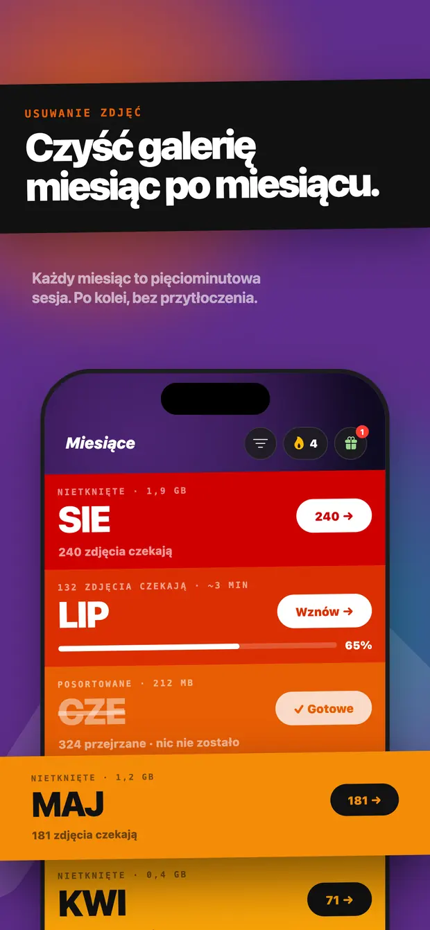 Ekran miesięcy: sierpień nietknięty, lipiec na 65%, czerwiec posortowany