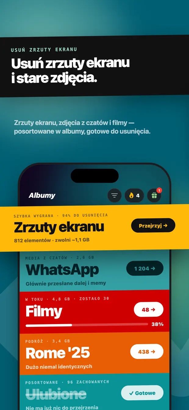Ekran albumów z folderami Zrzuty ekranu, WhatsApp, Filmy i innymi