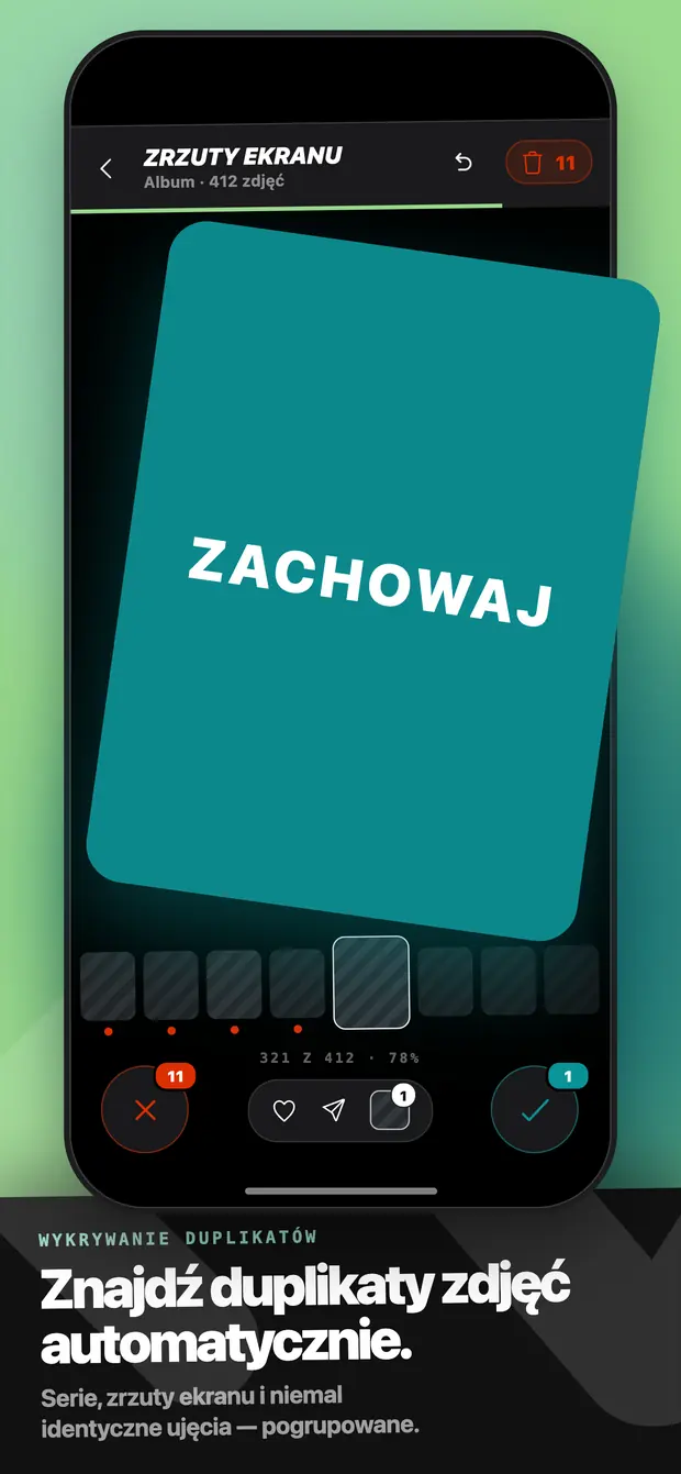 Karta zdjęcia zabarwiona na turkusowo z napisem ZACHOWAJ podczas przesunięcia w prawo