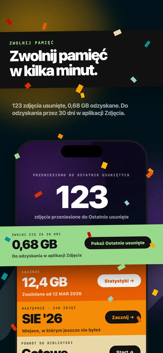 Ekran wyniku: 123 zdjęcia przeniesione do Ostatnio usuniętych i 0,68 GB do zwolnienia
