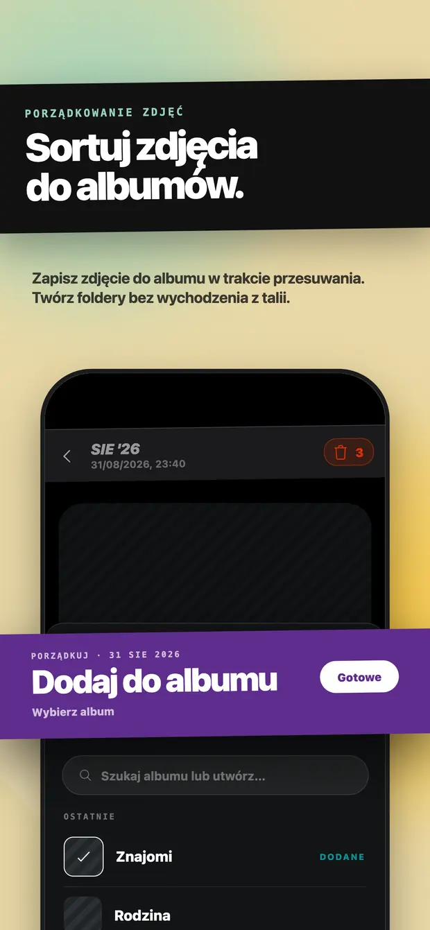 Panel Dodaj do albumu otwarty nad trwającą sesją przesuwania
