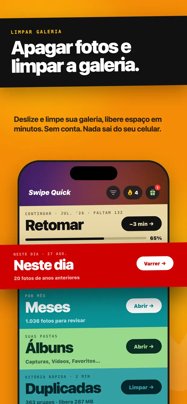Tela inicial do Swipe Quick com as faixas Retomar, Neste dia, Meses, Álbuns e Duplicadas