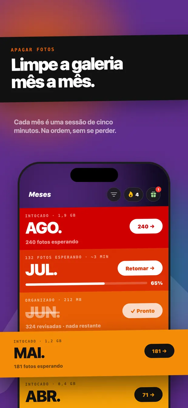 Tela de meses: agosto intocado, julho em 65% e junho concluído