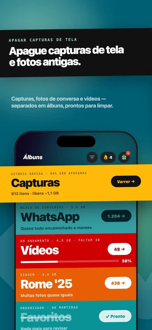 Tela de álbuns com Capturas, WhatsApp, Vídeos e outras pastas