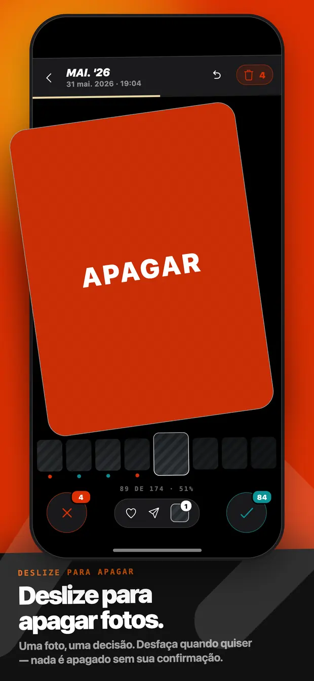 Um cartão de foto em vermelho com o rótulo APAGAR durante um deslize para a esquerda