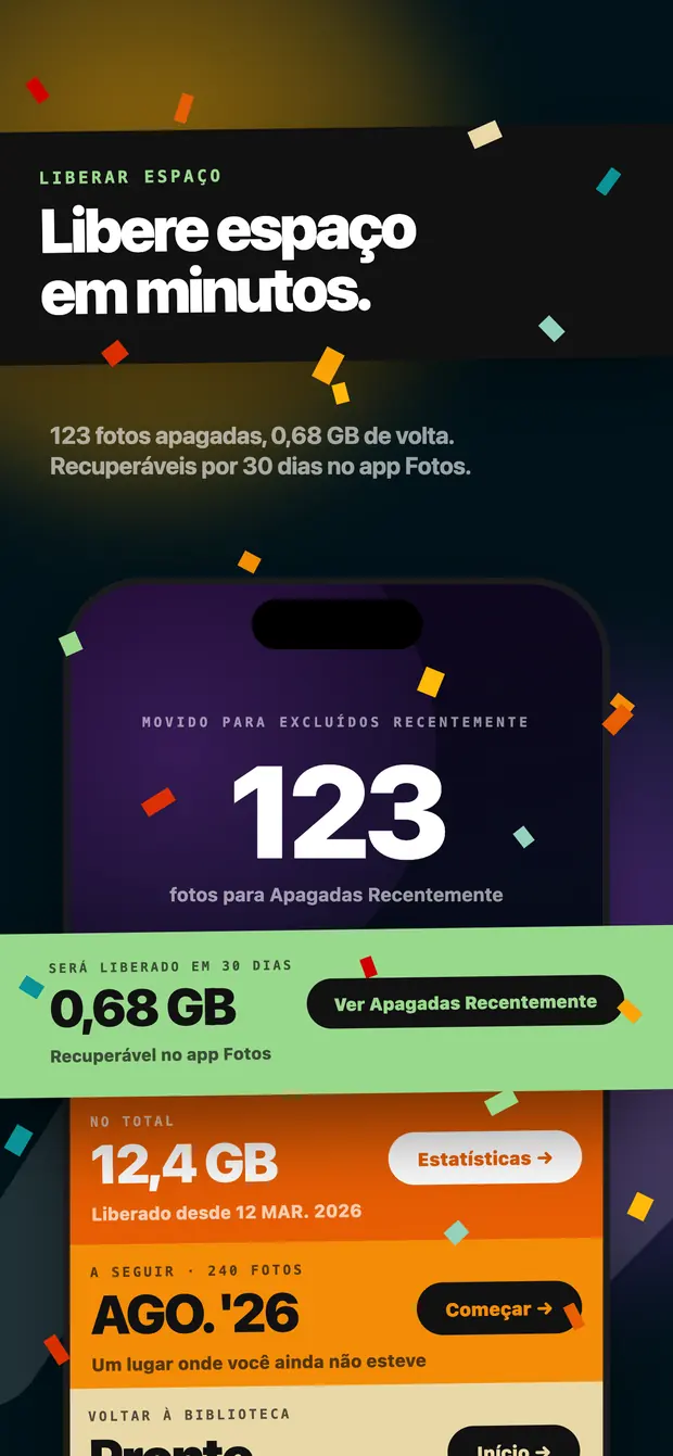 Tela de resultado: 123 fotos movidas para Apagadas Recentemente e 0,68 GB a liberar