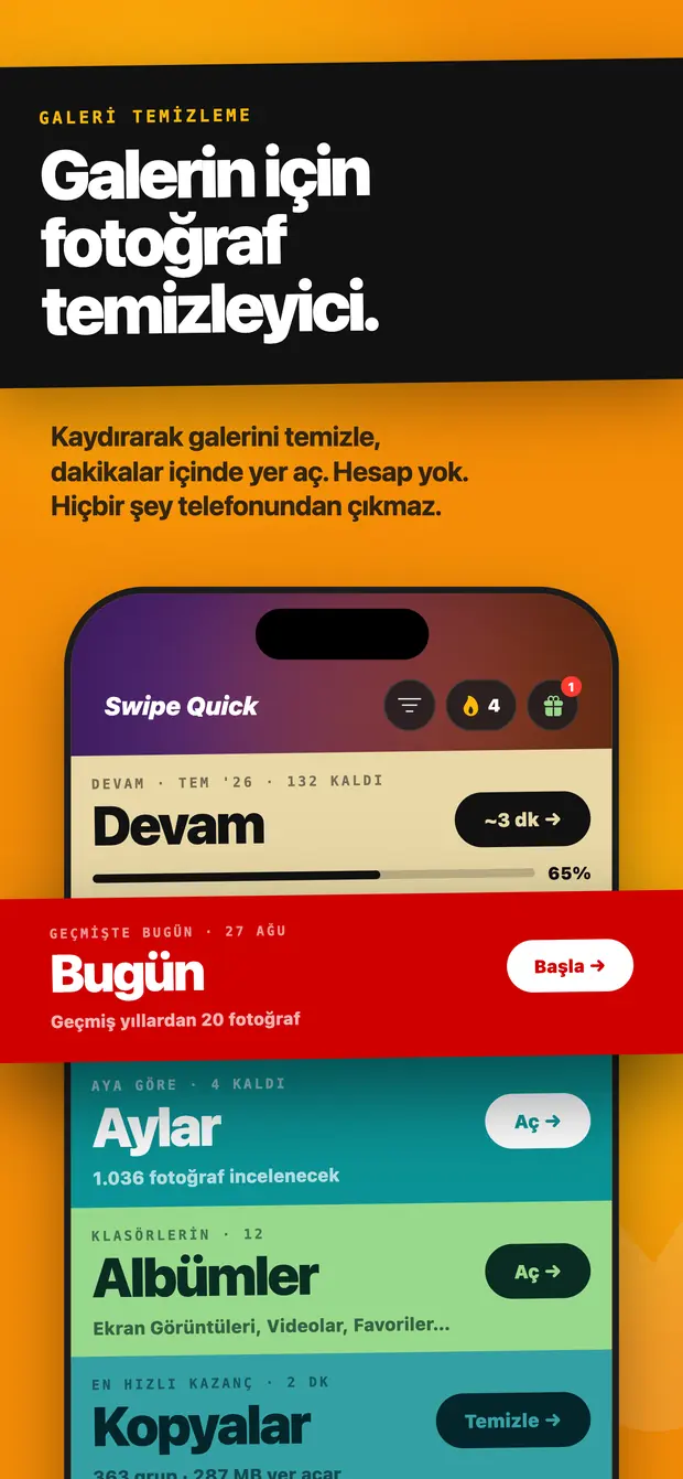 Swipe Quick ana ekranı: Devam, Bugün, Aylar, Albümler ve Kopyalar bantları