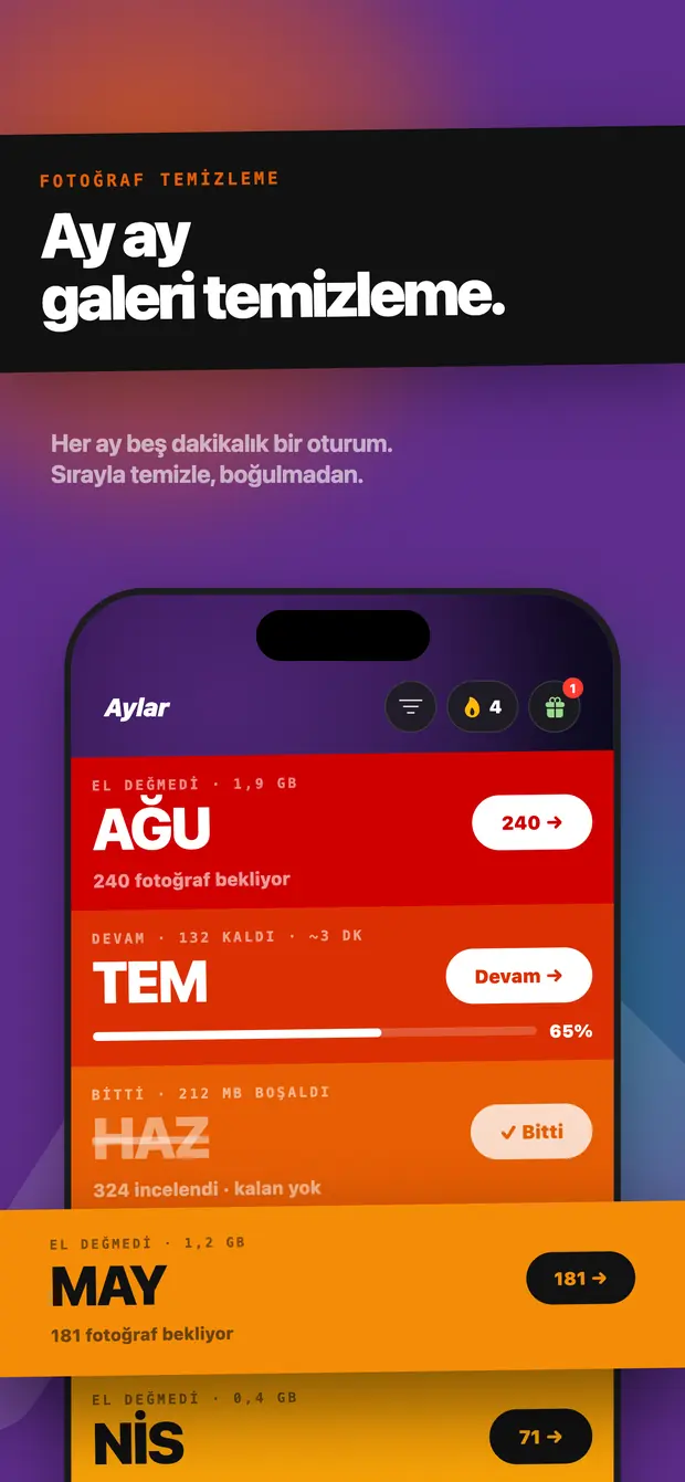 Aylar ekranı: Ağustos dokunulmamış, Temmuz %65 devam ediyor, Haziran bitmiş